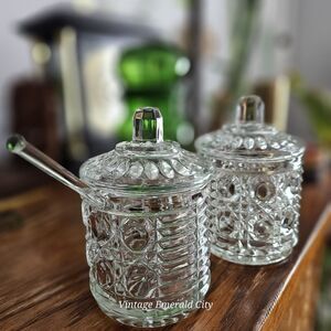 Vtg Indiana Glass Royal Brighton Jam & Sugar Set Beehive Free Emerald Spoon Read